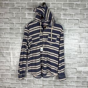 Striped Navy & Cream Hooded Button-Up Shirt